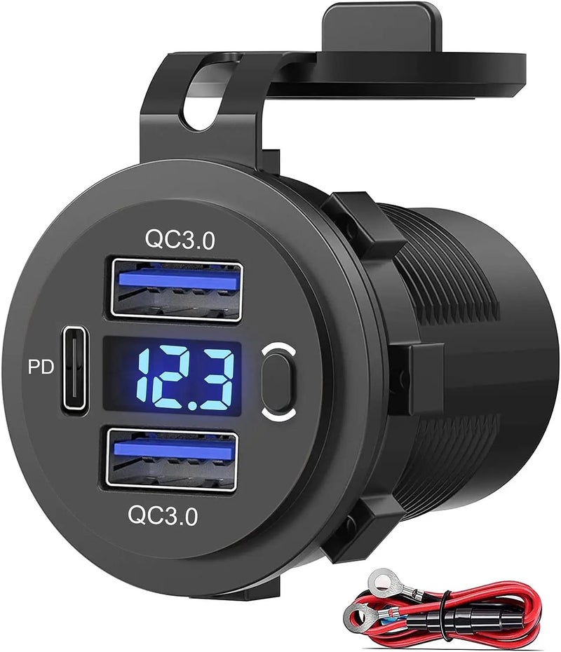 Y&D Dual USB QC3.0 PD USB C Car Charger Socket - 12V USB Outlet with Voltmeter & Power Switch - Automobile Charger for Car, Boat, Marine, Truck - Image 1